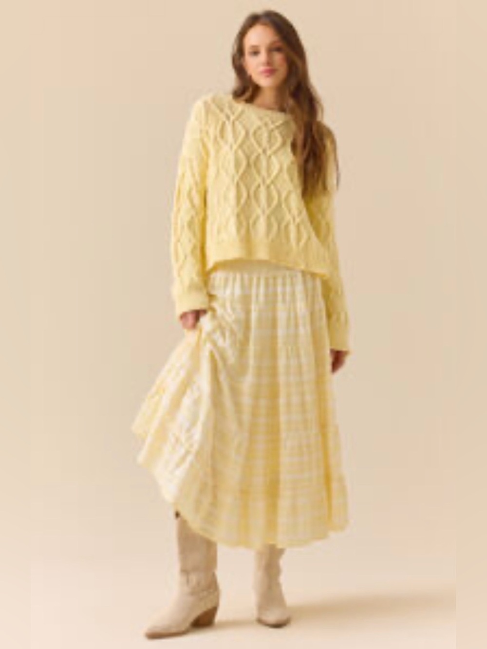 Altar’d State Yellow Ivory Striped Textured Maxi Skirt